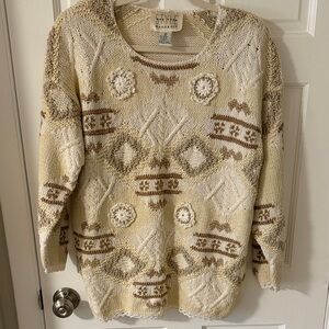 VINTAGE 90’s New York Style Hand-Knit Chunky Boho Sweater Ivory/Tan Medium
